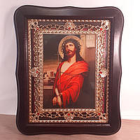 Икона Иисус Христос в терновом венце, лик 15х18 см, в темном деревянном киоте с камнями