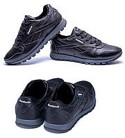 Мужские кожаные кроссовки Reebok (Рибок) Classic Black, спортивные мужские туфли черные, кеды повседневные