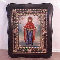 Икона Покрова Пресвятая Богородицы, лик 15х18 см, в темном деревянном киоте с камнями