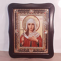 Икона Лариса святая Великомученица, лик 15х18 см, в темном деревянном киоте с камнями