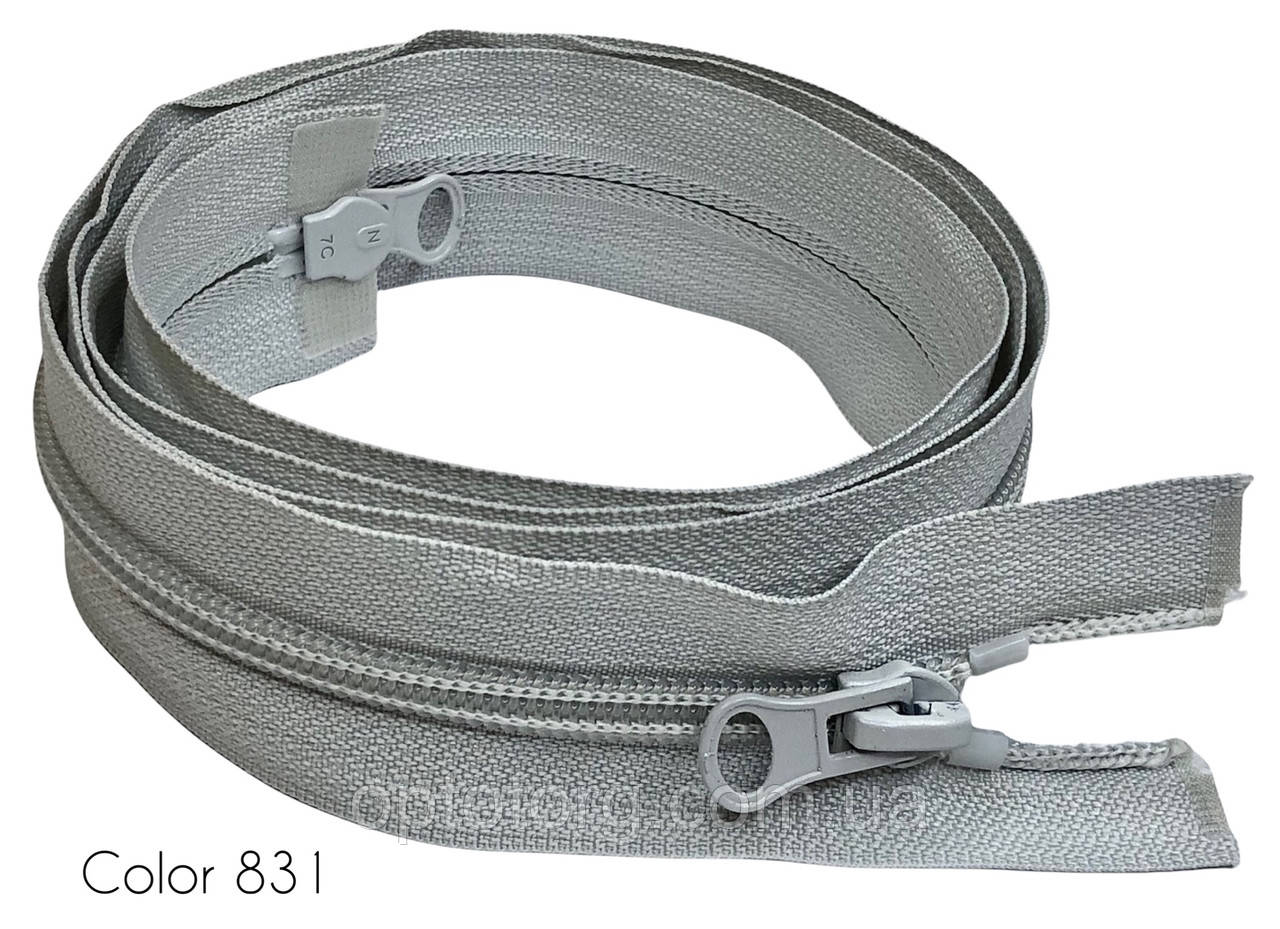 Спіральна блискавка Тип7 Блідо сірий Лід 110см роз'ємна з двома бігунками пластикова