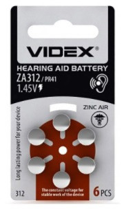 Батарейки для слухових апаратів Videx ZA312, PR41, 1.45V (6шт/уп)