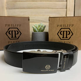 Чоловічий шкіряний ремінь автомат у стилі Philipp Plein чорний, пояс із натуральної шкіри(BRT)