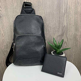 НАБІР 2в1 Чоловіча шкіряна сумка бананка на груди + шкіряний гаманець Кросбоді барсетка натуральна шкіра(BRT)