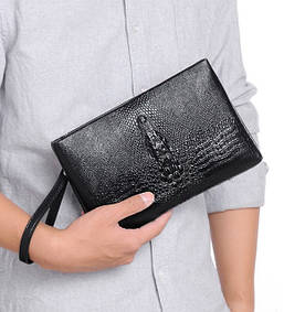 Великий чоловічий клатч барсетка для документів чорний крокодил сумка гаманець для телефону рептилія(BRT)