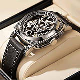 Оригінальний дизайнерський чоловічий механічний годинник WishDoIt Baron на чорному шкіряному ремінці, фото 3