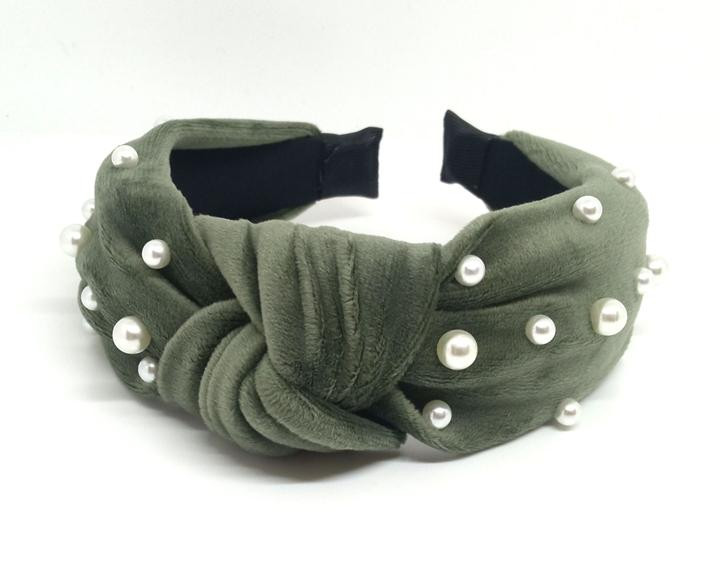 Обруч для волосся хакі велюр із намистинами, фото 1
