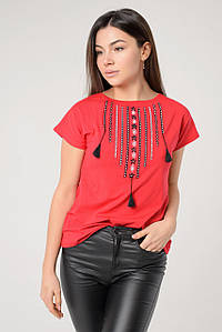 Практична повсякденна вишита жіноча футболка у червоному кольорі «Намисто» XL