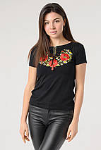Жіноча вишита футболка на короткий рукав у чорному кольорі «Маковий цвіт», фото 2
