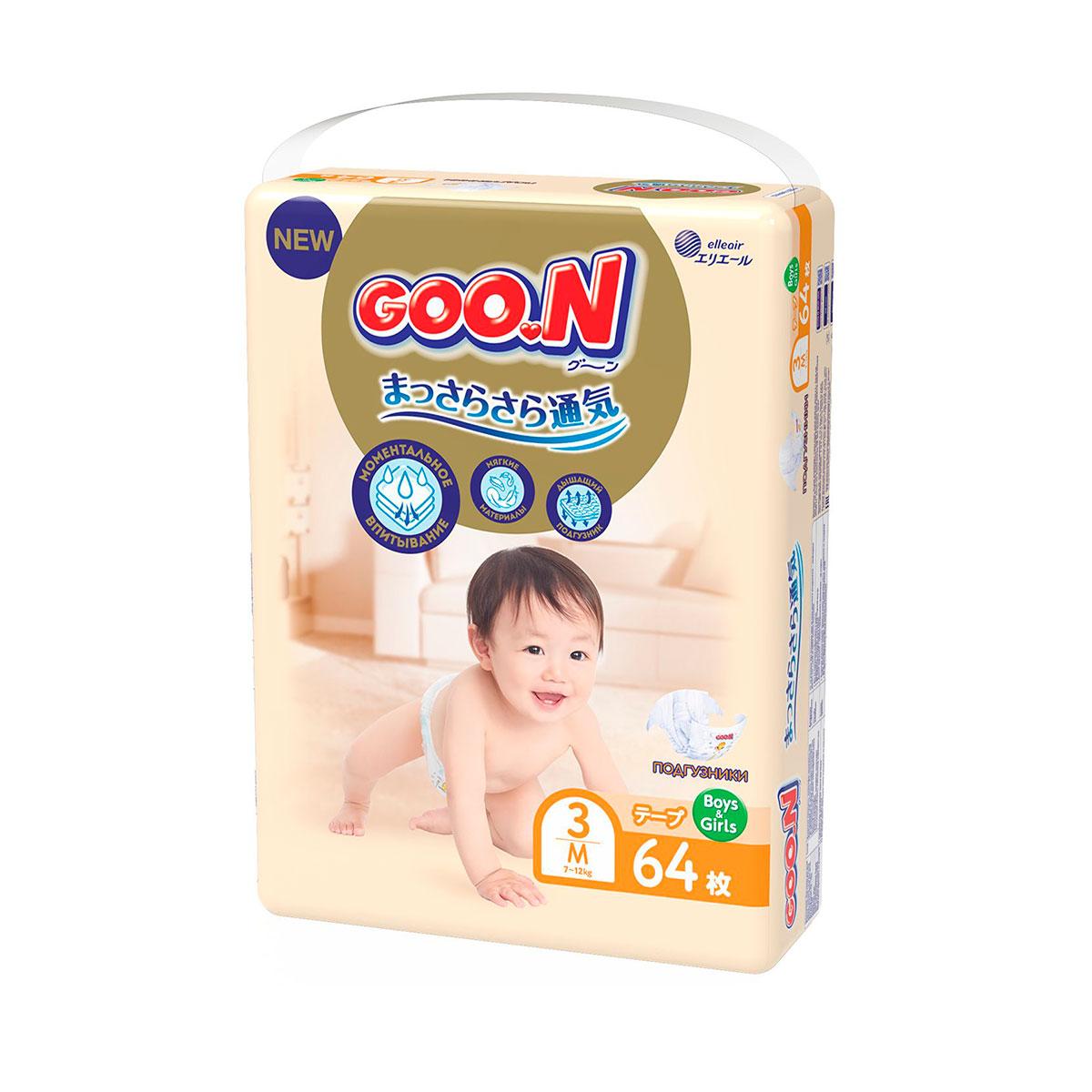 Подгузники GOO.N Premium Soft для детей 7-12 кг (размер 3(M), на липучках, унисекс, 64 шт) - фото 2 - id-p1589207807
