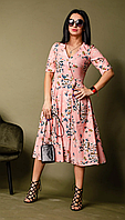 Розовое женское платье на запах с короткими рукавами на пуговице длиной миди ткань софт Турция, фото 1