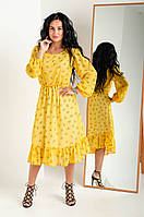Жовте жіноче плаття напівприлегле з турецького шифону довжиною міді з талією на резинці