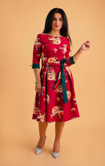 Жіноче плаття міді в бордовому кольорі з квітковим принтом, фото 1