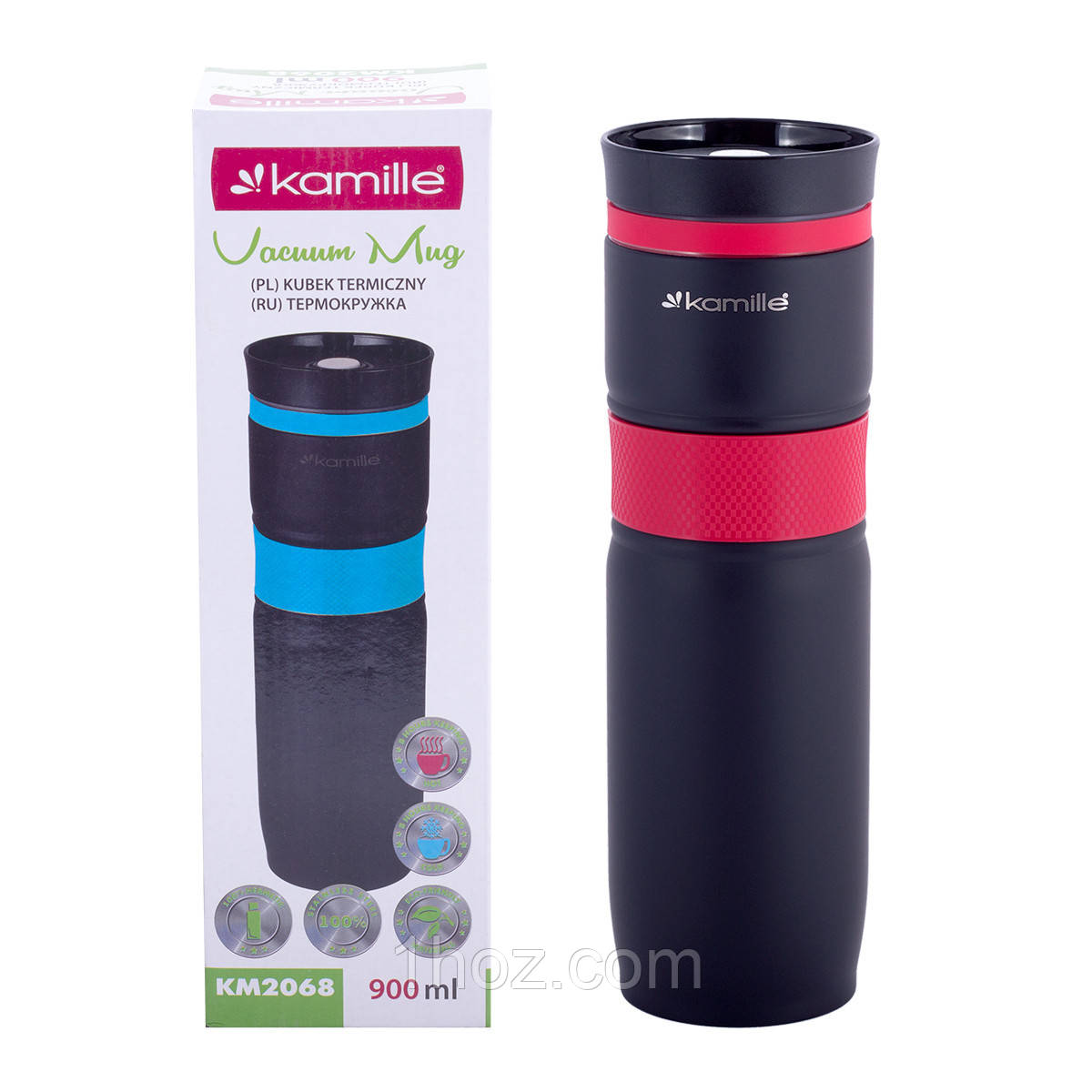 Термокружка Kamille Червоний 900мл з нержавіючої сталі з TPR-вставкою KM-2068, фото 1