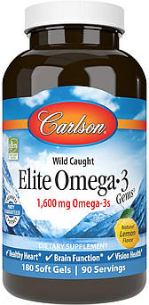 Carlson Labs Wild Caught Elite Omega-3 Gems Natural Lemon Flavor 1600 mg 180 капсул (4384304189)