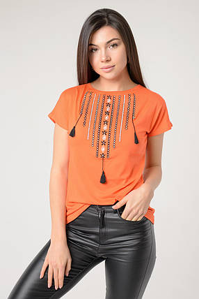 Практична повсякденна вишита жіноча футболка у оранжевому кольорі «Намисто», фото 2