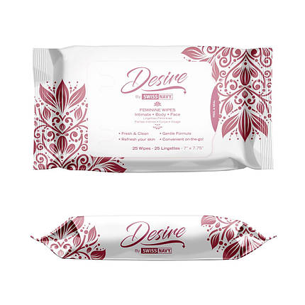 Жіночі очищуючі серветки для тіла й обличчя Desire by Swiss Navy Feminine Wipes 25 шт, фото 1