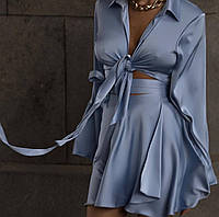Женский шелковый костюм топ на завязках и пышная юбка на запах