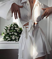 Женский шелковый костюм топ на завязках и пышная юбка на запах