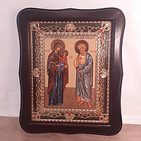 Икона Анна и Иоаким святые, лик 15х18 см, в темном деревянном киоте с камнями