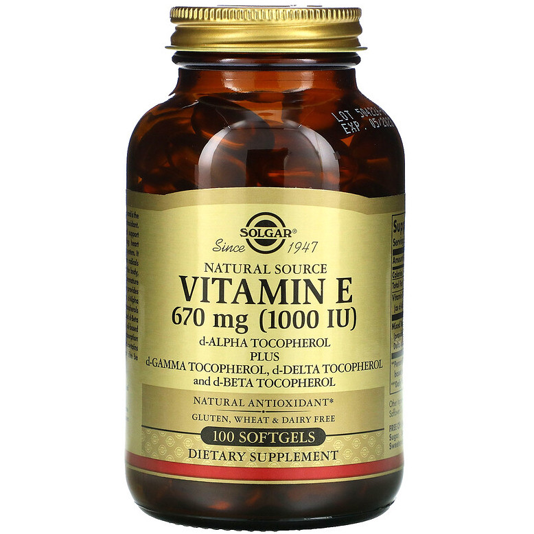 Вітамін Е, SOLGAR "Naturally Sourced Vitamin E" 1000 МО, зі змішаними токоферолами (100 гелевих капсул)