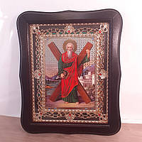 Ікона Андрій Першозваний святий апостол, лик 15х18 см, у темному дерев'яному кіоті з камінням