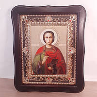 Икона Пантелеймон святой великомученник и целитель, лик 15х18 см, в темном деревянном киоте с камнями