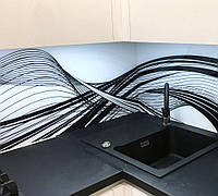 Стеклянная панель на кухню / Черно-белый фартук Волны