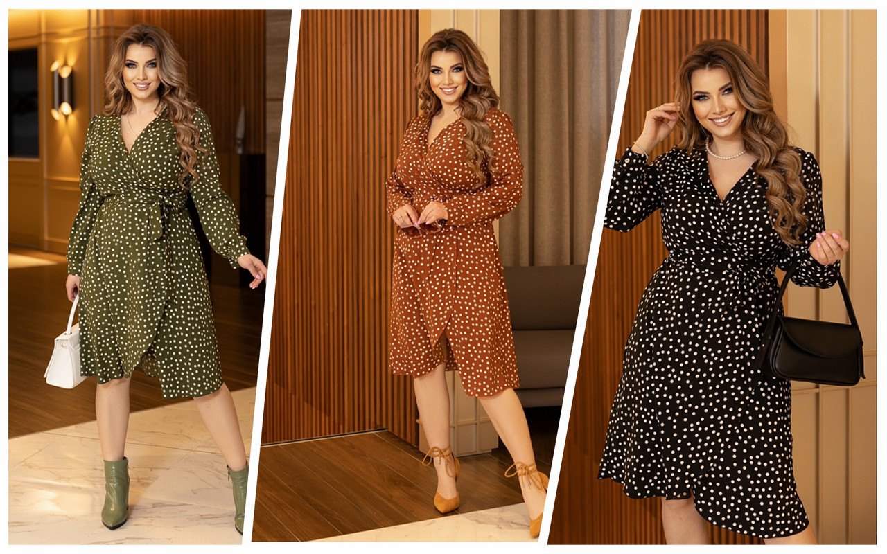 Літня сукня на запах із софту в горошок з довгим рукавом батали