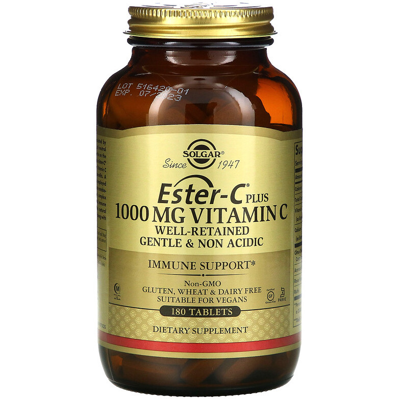 Вітамін С, SOLGAR "Ester-C Plus Vitamin C" 1000 мг, підтримка імунітету (180 таблеток), фото 1