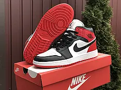 Кросівки чоловічі шкіряні Nike Air Jordan (чорні з білим\червоним), найк ейр джордан [41 - 45 р.] (41-26.2см)
