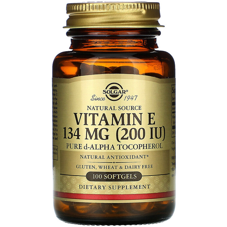 Вітамін Е, SOLGAR "Naturally Sourced Vitamin E" чистий d-альфа токоферол, 200 МО (100 гелевих капсул)