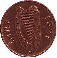 Монета 1 пенни. 1971,74 год, Ирландия. Птица. Ирландская арфа.(АС)
