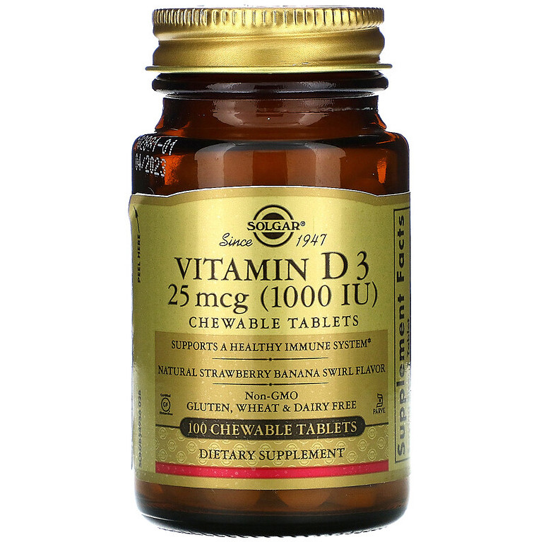 Вітамін D3, SOLGAR "Vitamin D3 (Cholecalciferol)" 1000 МО, смак полуниці з бананом (100 жувальних таблеток), фото 1