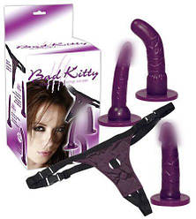 Страпон із 3 змінними насадками Bad Kitty Strap-On purple Set, 18х4 см.