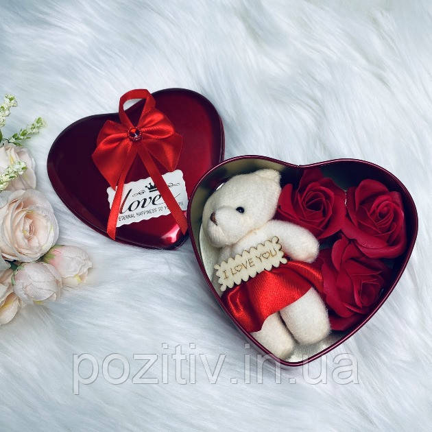 Набір троянди з мила в коробці з мишком подарунок на 8 березня мамі / подрузі / дівчині
