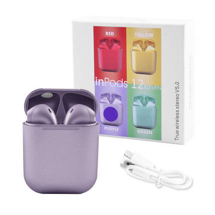Бездротові навушники блютуз гарнітура inPods 12 simple TWS bluetooth V5.0 сенсорні. Колір фіолетовий, фото 2