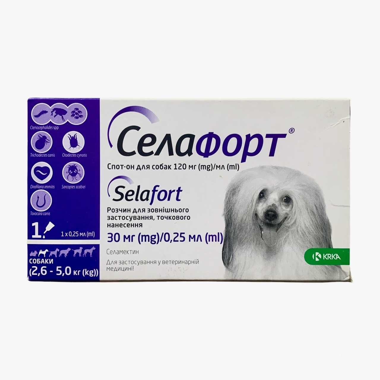 Селафорт краплі для собак 2.5 кг-5кг 30 мг/0.25 мл 1піп проти бліх, клеющів і глистів KRKA