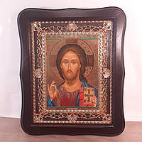 Икона Спаситель Иисус Христос, лик 15х18 см, в темном деревянном киоте с камнями