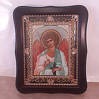 Икона Ангел Хранитель, лик 15х18 см, в темном деревянном киоте с камнями