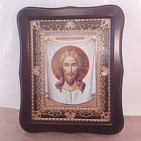 Икона Спаситель Иисус Христос, лик 15х18 см, в темном деревянном киоте с камнями