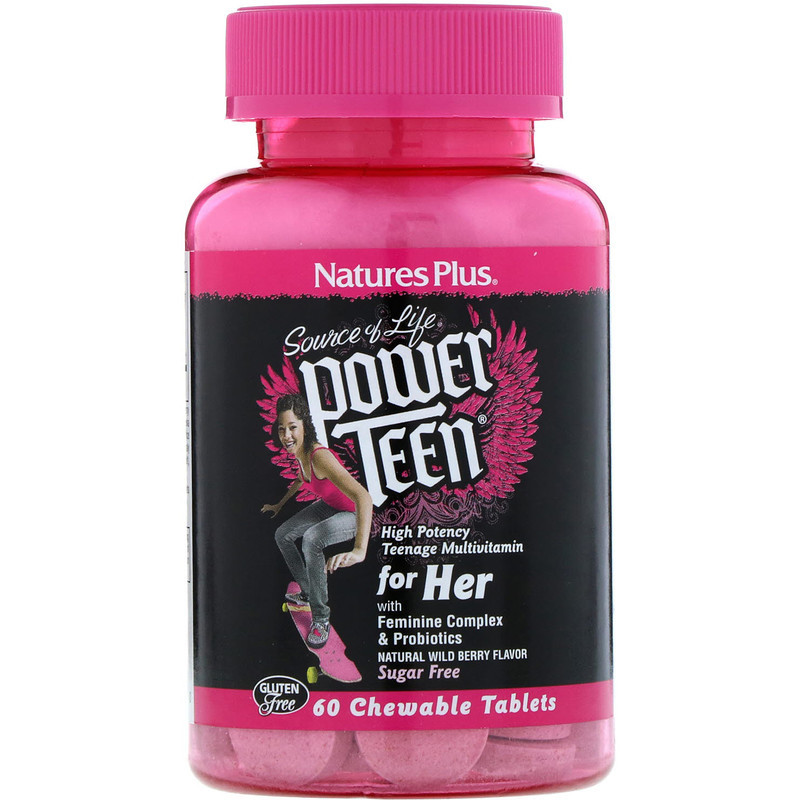 NaturesPlus, Power Teen, добавка для дівчаток-підлітків, без цукру, смак лісових ягід, 60 таблеток