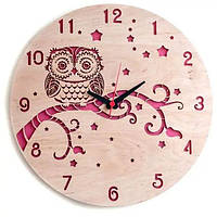 Часы настенные из дерева "Сова на ветке" 30 см в детскую Розовый