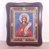 Икона Варвара святая великомученица, лик 15х18 см, в темном деревянном киоте с камнями
