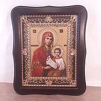 Ікона Вгамуй мій смуток Пресвята Богородиця, лик 15х18 см, у темному дерев'яному кіоті з камінням