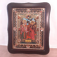 Икона Киприян и Иустина святые мученики, лик 15х18 см, в темном деревянном киоте с камнями