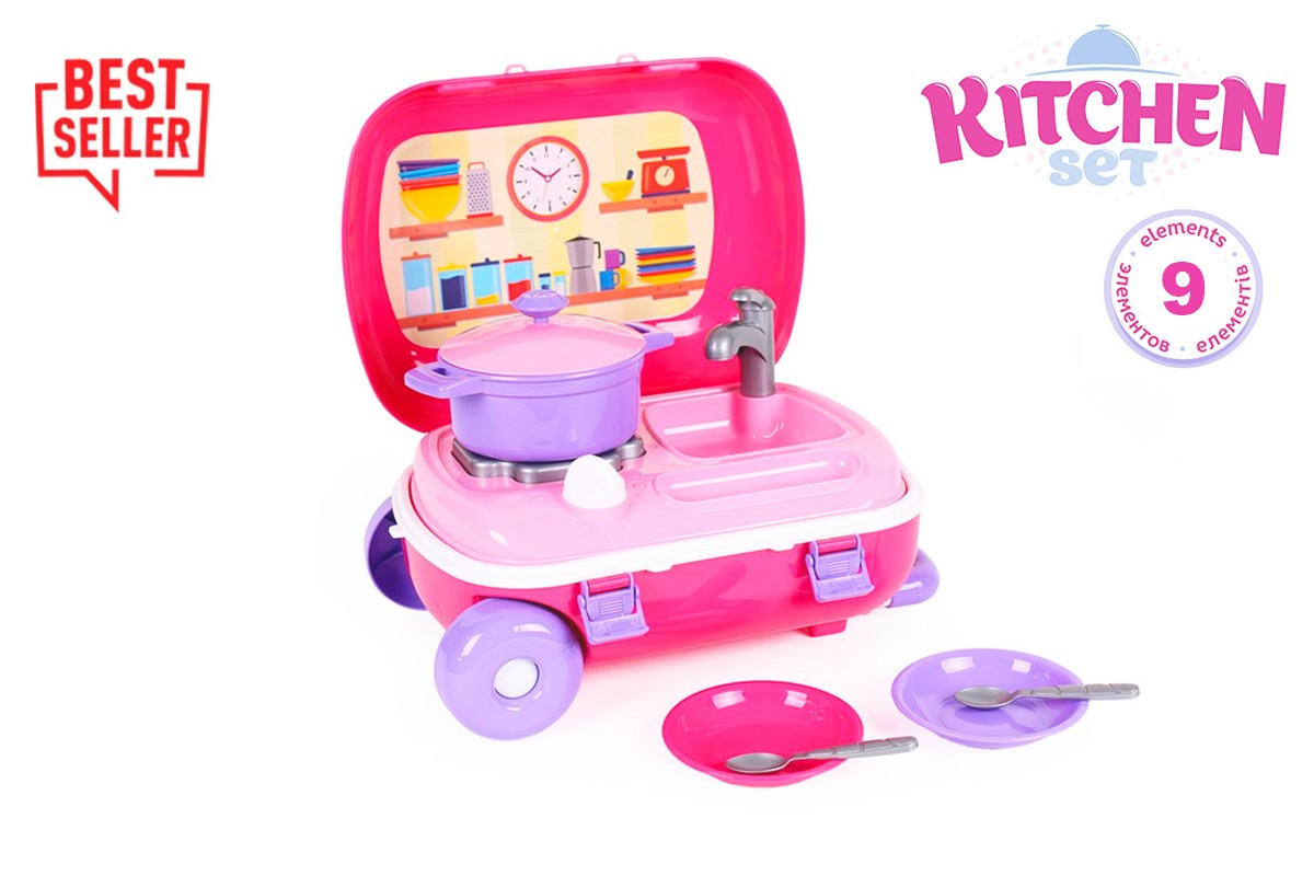 Іграшка дитяча для дівчинки «Кухня з набором посуду у валізі ТехноК» рожевого кольору