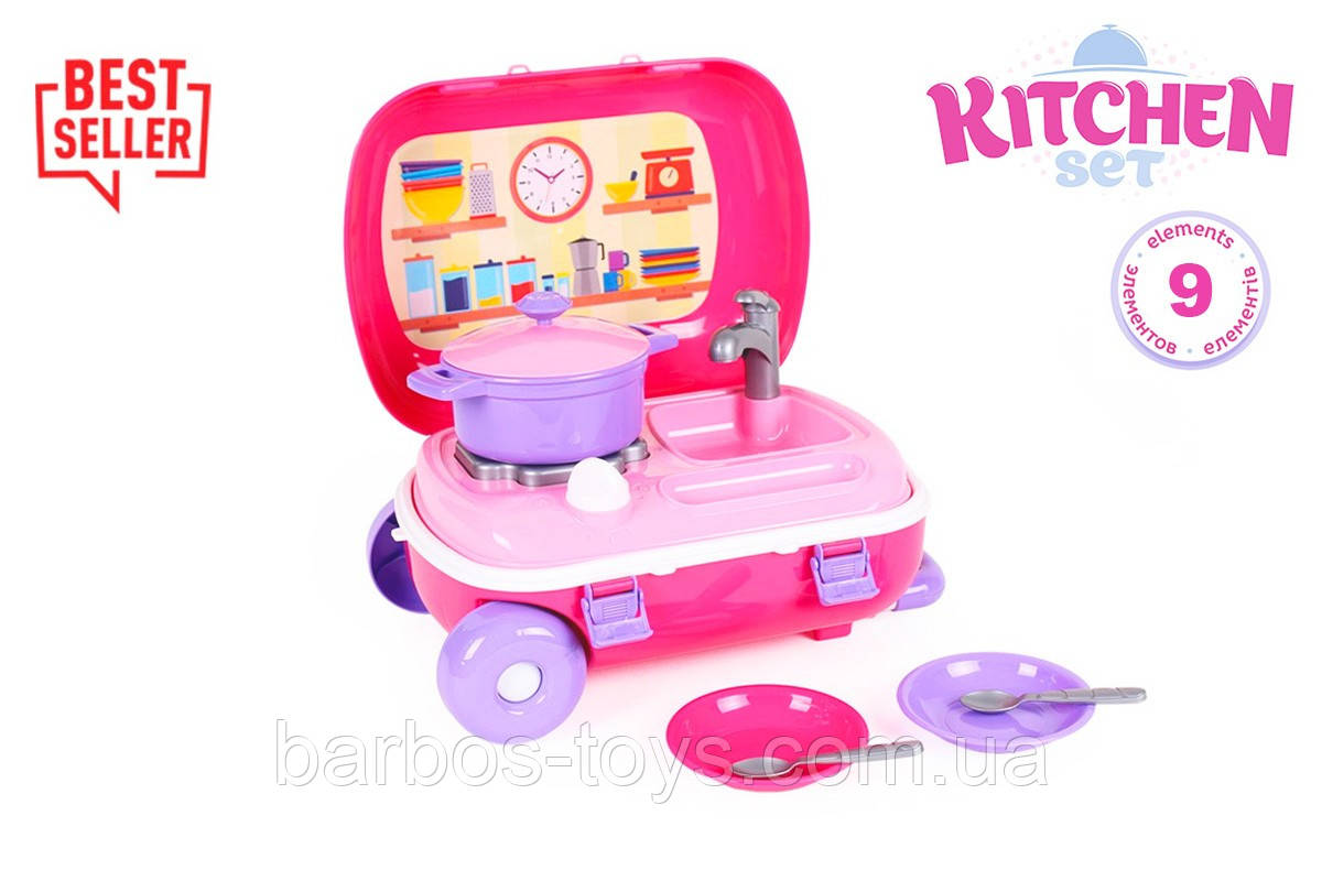 Іграшка дитяча для дівчинки «Кухня з набором посуду у валізі ТехноК» рожевого кольору, фото 1