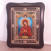 Икона Семистрельная Пресвятая Богородица, лик 15х18 см, в темном деревянном киоте с камнями