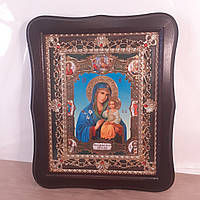 Икона Неувядаемый Цвет Пресвятая Богородица, лик 15х18 см, в темном деревянном киоте с камнями